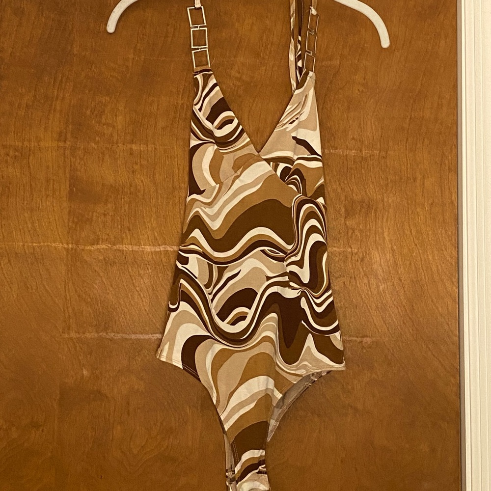 Brown 70s inspired halter top body suit!